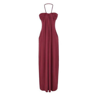 Halter Neck Plain Ruched Open Back Maxi Sheath Dress