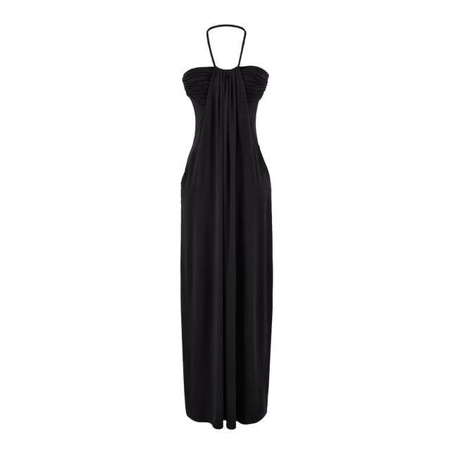 Halter Neck Plain Ruched Open Back Maxi Sheath Dress