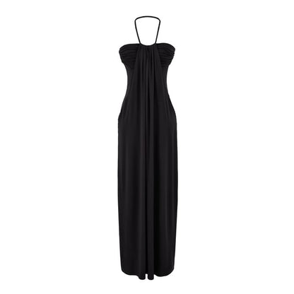 Halter Neck Plain Ruched Open Back Maxi Sheath Dress