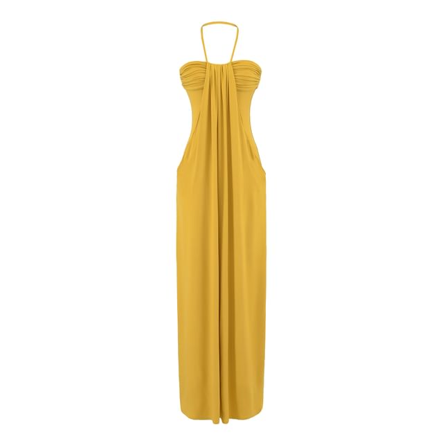 Halter Neck Plain Ruched Open Back Maxi Sheath Dress
