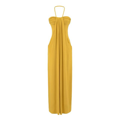 Halter Neck Plain Ruched Open Back Maxi Sheath Dress