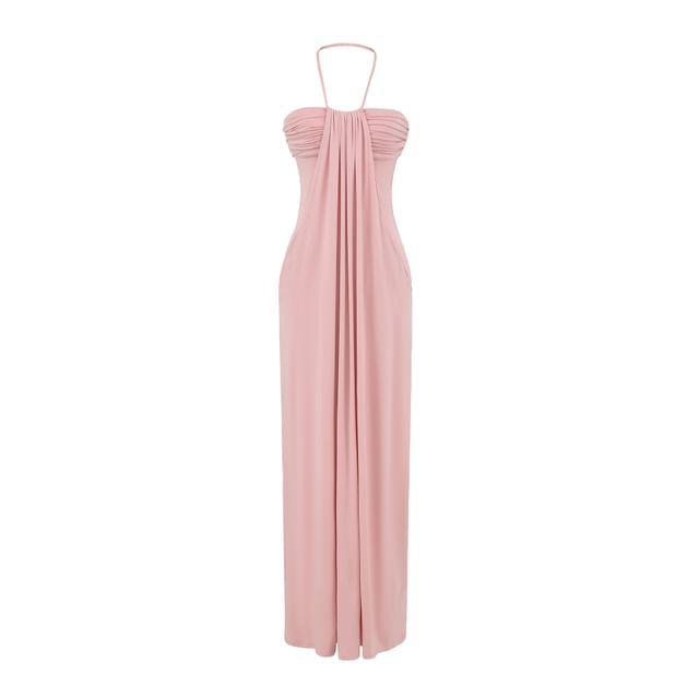 Halter Neck Plain Ruched Open Back Maxi Sheath Dress