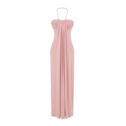 Halter Neck Plain Ruched Open Back Maxi Sheath Dress