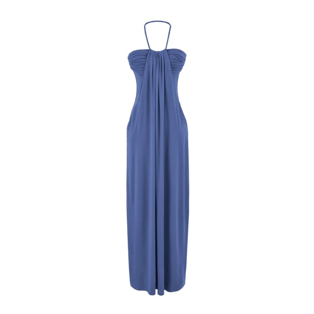 Halter Neck Plain Ruched Open Back Maxi Sheath Dress