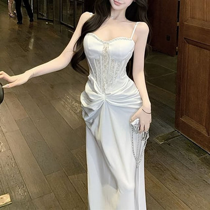 Spaghetti Strap Plain Rhinestone Ruched Panel Lace Sheath Evening Dress