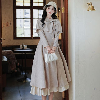 Lapel Collar Frill Trim Double-Breasted Midi A-Line Coat Dress / Bow Capelet / Set