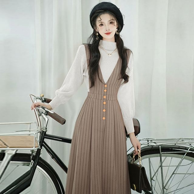 Set: V-Neck Striped Midi A-Line Dungaree Dress + Mock Neck Plain Ribbed Sweater