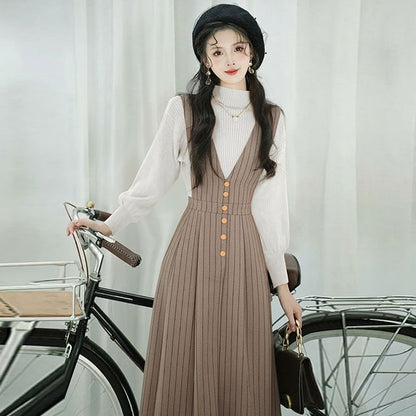 Set: V-Neck Striped Midi A-Line Dungaree Dress + Mock Neck Plain Ribbed Sweater