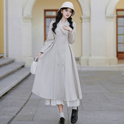 Lapel Collar Frill Trim Double-Breasted Midi A-Line Coat Dress / Bow Capelet / Set