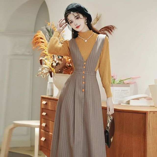 Set: V-Neck Striped Midi A-Line Dungaree Dress + Mock Neck Plain Ribbed Sweater