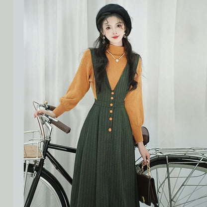 Set: V-Neck Striped Midi A-Line Dungaree Dress + Mock Neck Plain Ribbed Sweater