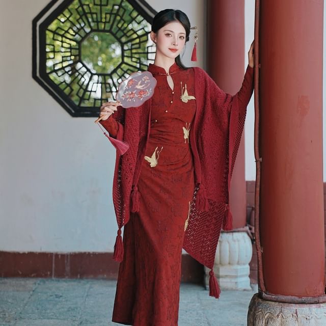 Long-Sleeve Butterfly Jacquard Midi Qipao / Tassel Shawl / Set