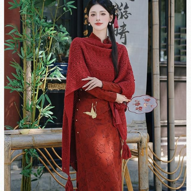 Long-Sleeve Butterfly Jacquard Midi Qipao / Tassel Shawl / Set