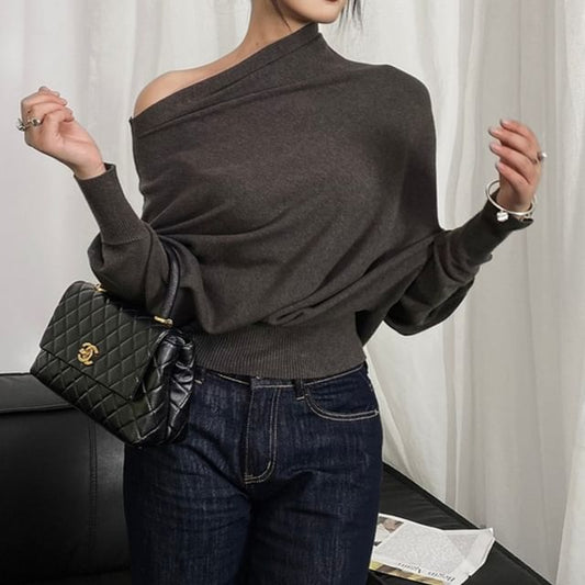 Off-Shoulder Knit Top with Long Sleeves and Solid Design