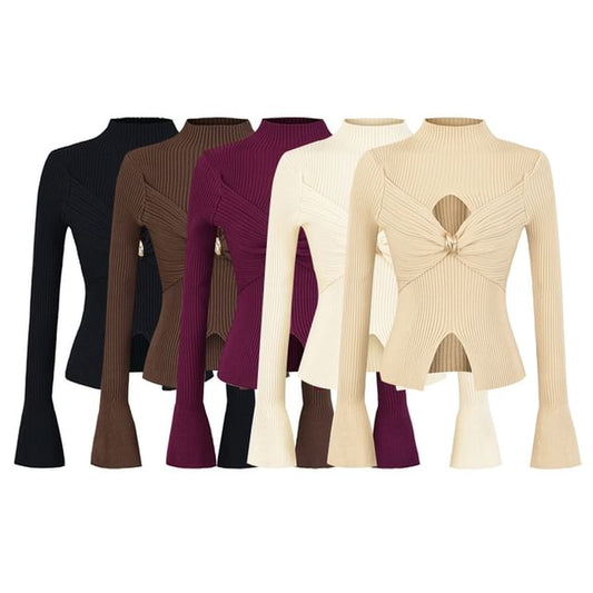 Cutout Crop Knit Top with Mock Neck and Long Sleeves