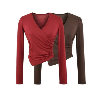 Ruched V-Neck Crop Shirt with Long Sleeves and Solid Color
