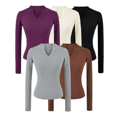 Ribbed Knit Long-Sleeve Tee with V-Neckline