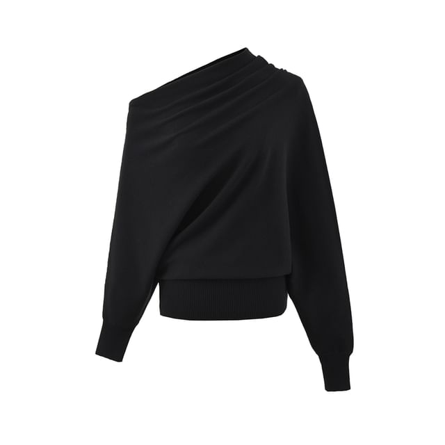 Off-Shoulder Knit Top with Long Sleeves and Solid Design