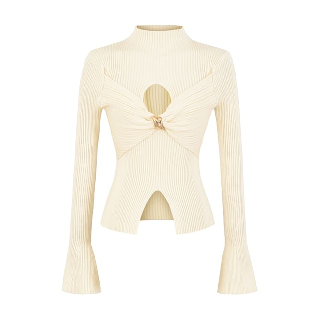 Cutout Crop Knit Top with Mock Neck and Long Sleeves
