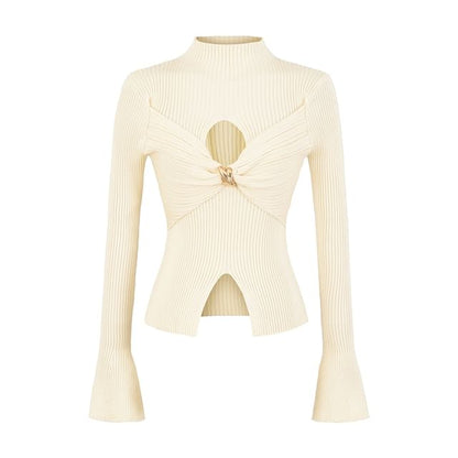 Cutout Crop Knit Top with Mock Neck and Long Sleeves