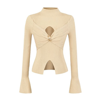 Cutout Crop Knit Top with Mock Neck and Long Sleeves