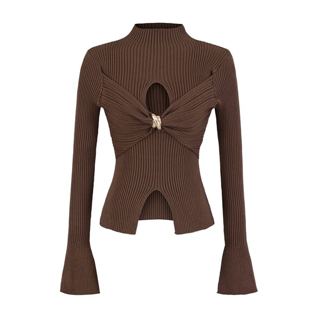 Cutout Crop Knit Top with Mock Neck and Long Sleeves