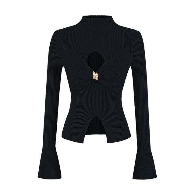 Cutout Crop Knit Top with Mock Neck and Long Sleeves
