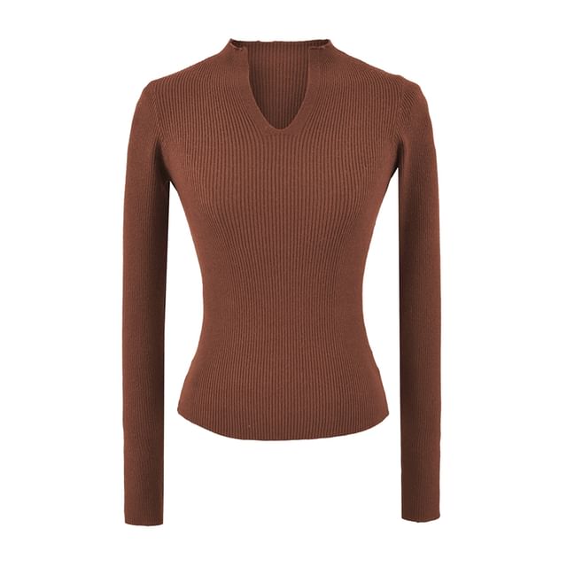 Ribbed Knit Long-Sleeve Tee with V-Neckline