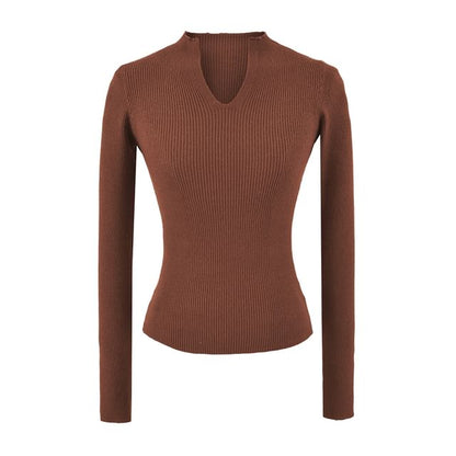 Ribbed Knit Long-Sleeve Tee with V-Neckline