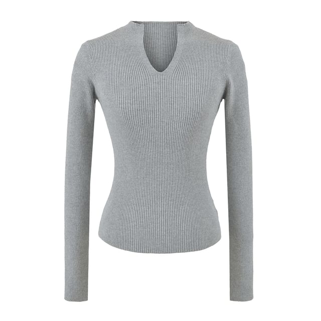 Ribbed Knit Long-Sleeve Tee with V-Neckline