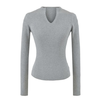 Ribbed Knit Long-Sleeve Tee with V-Neckline