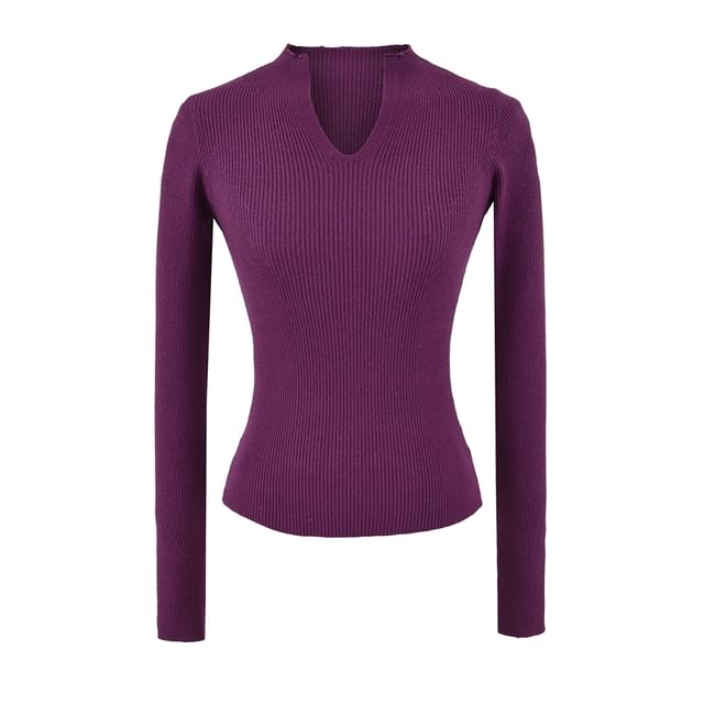 Ribbed Knit Long-Sleeve Tee with V-Neckline