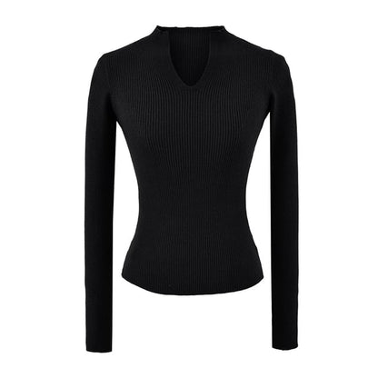 Ribbed Knit Long-Sleeve Tee with V-Neckline