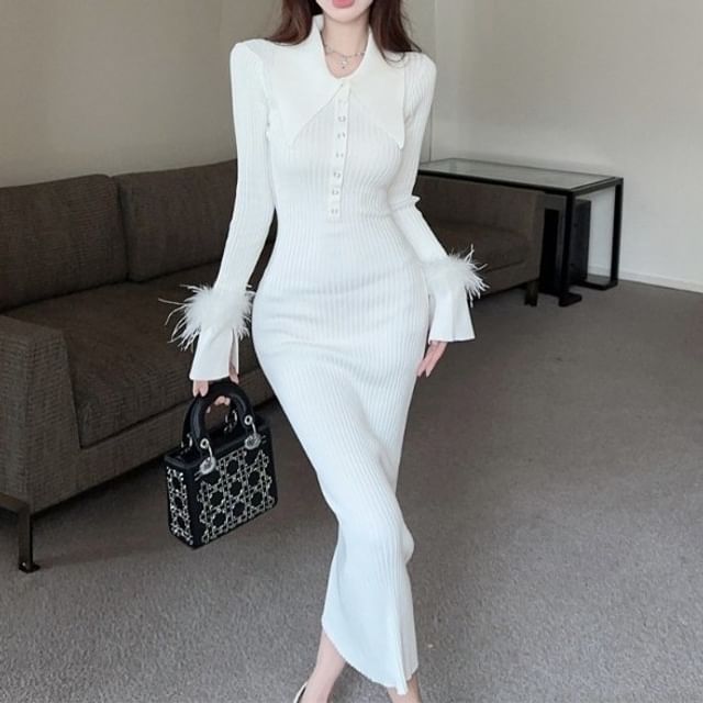 Long Sleeve Pointed Collar Plain Fluffy Trim Button Ribbed Knit Maxi Sheath Dress