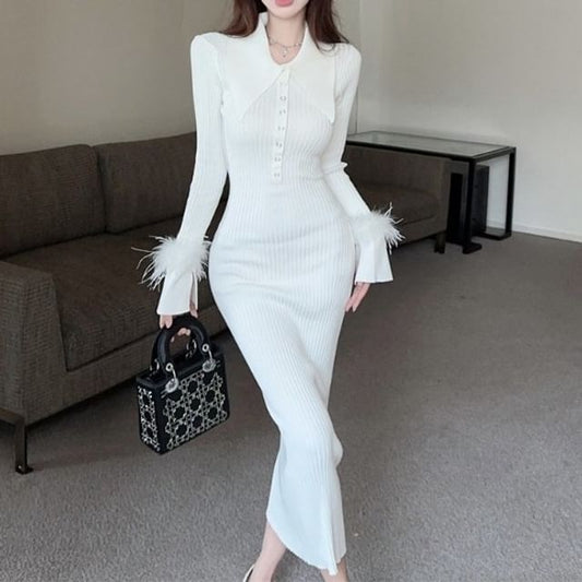Long Sleeve Pointed Collar Plain Fluffy Trim Button Ribbed Knit Maxi Sheath Dress