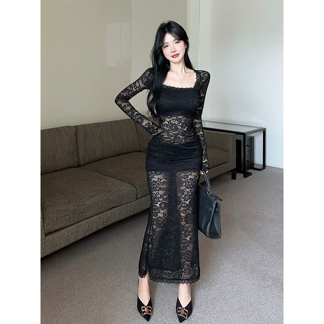 Long Sleeve Square Neck Plain Lace Maxi Sheath Dress