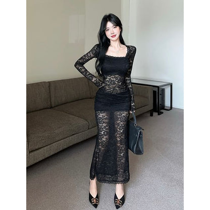 Long Sleeve Square Neck Plain Lace Maxi Sheath Dress