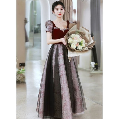 Short Sleeve Sweetheart Neck Beaded Mesh Panel Velvet A-Line Evening Gown