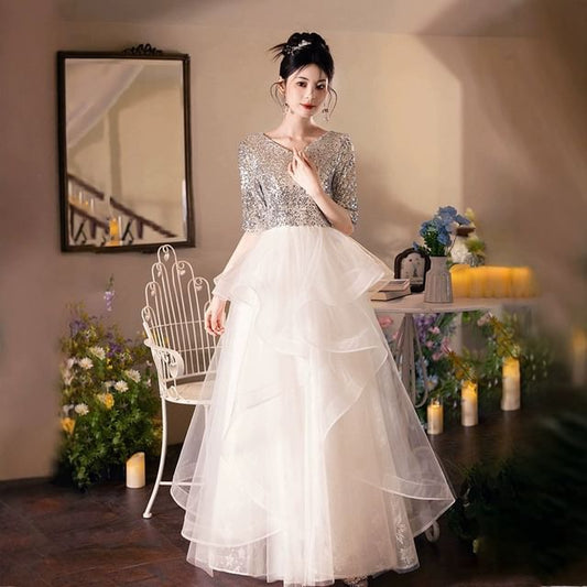Elbow Sleeve V-Neck Sequin Ruffle Mesh A-Line Evening Gown