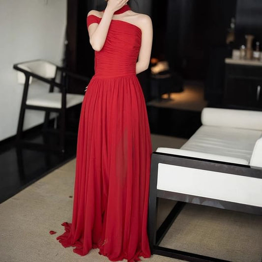 Halter Plain Ruched A-Line Evening Gown
