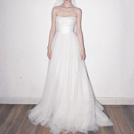 Plain Gathered Mesh A-Line Tube Wedding Gown