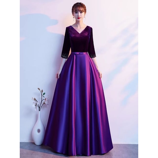 Elbow Sleeve V-Neck Plain Velvet Panel Satin A-Line Evening Gown