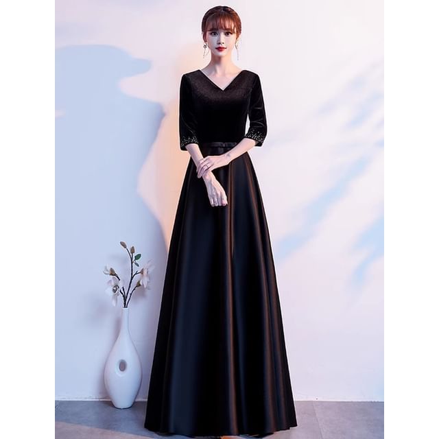 Elbow Sleeve V-Neck Plain Velvet Panel Satin A-Line Evening Gown