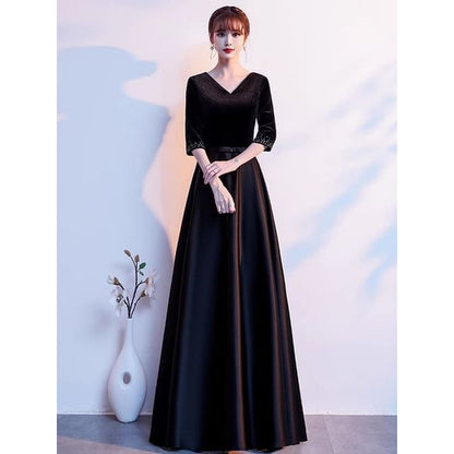Elbow Sleeve V-Neck Plain Velvet Panel Satin A-Line Evening Gown
