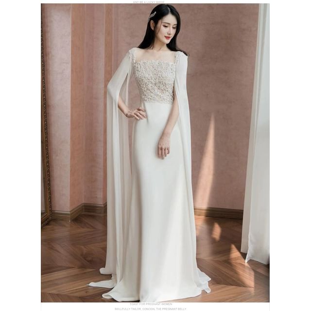 Maxi Sleeve Square Neck Plain Panel Lace A-Line Wedding Gown