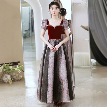 Short Sleeve Sweetheart Neck Beaded Mesh Panel Velvet A-Line Evening Gown