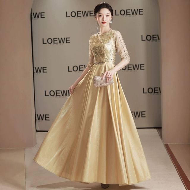 Elbow Sleeve Round Neck Sequin Panel Mesh A-Line Evening Gown