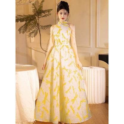 Sleeveless Mandarin Collar Dragonfly Print Faux Pearl Strand A-Line Evening Gown