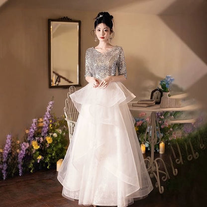 Elbow Sleeve V-Neck Sequin Ruffle Mesh A-Line Evening Gown