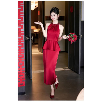 Sleeveless Crew Neck Plain Rhinestone Peplum Satin Midi Sheath Cocktail Dress